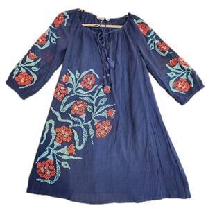 $348 Trina Turk Blue Red Embroidered Bohemian Cotton Shift Dress 8‎ NWOT 2 Piece